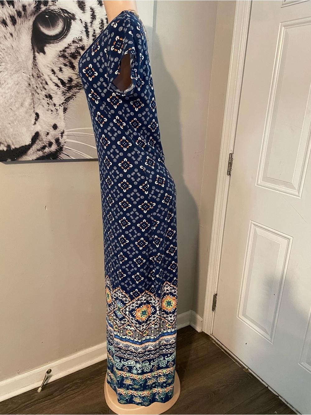 90s Derek Heart Women's Navy Patterned Maxi Dress geometric print Large comfy - Picture 4 of 8